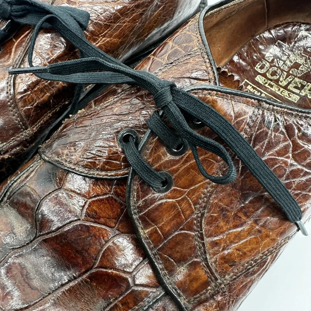 Vintage Dover Crocodile Derby Dress Shoes Mens EU 38.5 US 6 Brown Exotic Leather